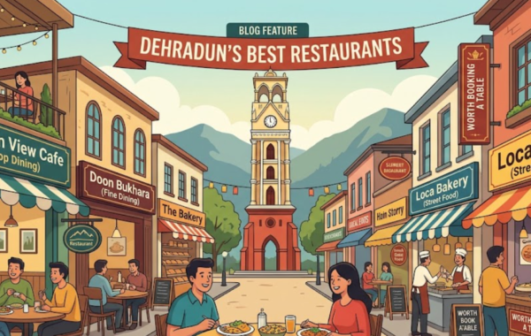 A vibrant illustration titled "10 BEST RESTAURANTS IN DEHRADUN" as a blog feature. The image depicts a charming, bustling street scene in Dehradun, with brick buildings and an old clock tower in the background against lush mountains.