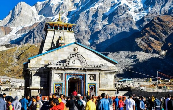 Crowd at Kedarnath Temple during Char Dham Yatra pilgrimage ceremony